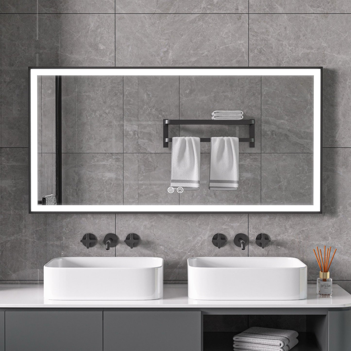 Infra Heating Lux+ LED Badkamerspiegel met Zwart Frame (75 x 125 cm) – Stijlvol & Functioneel